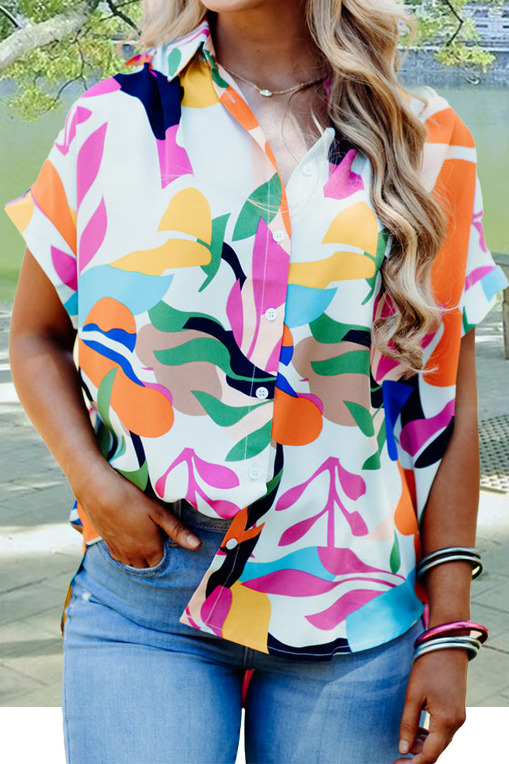 Printed Collared Neck Short Sleeve Shirt