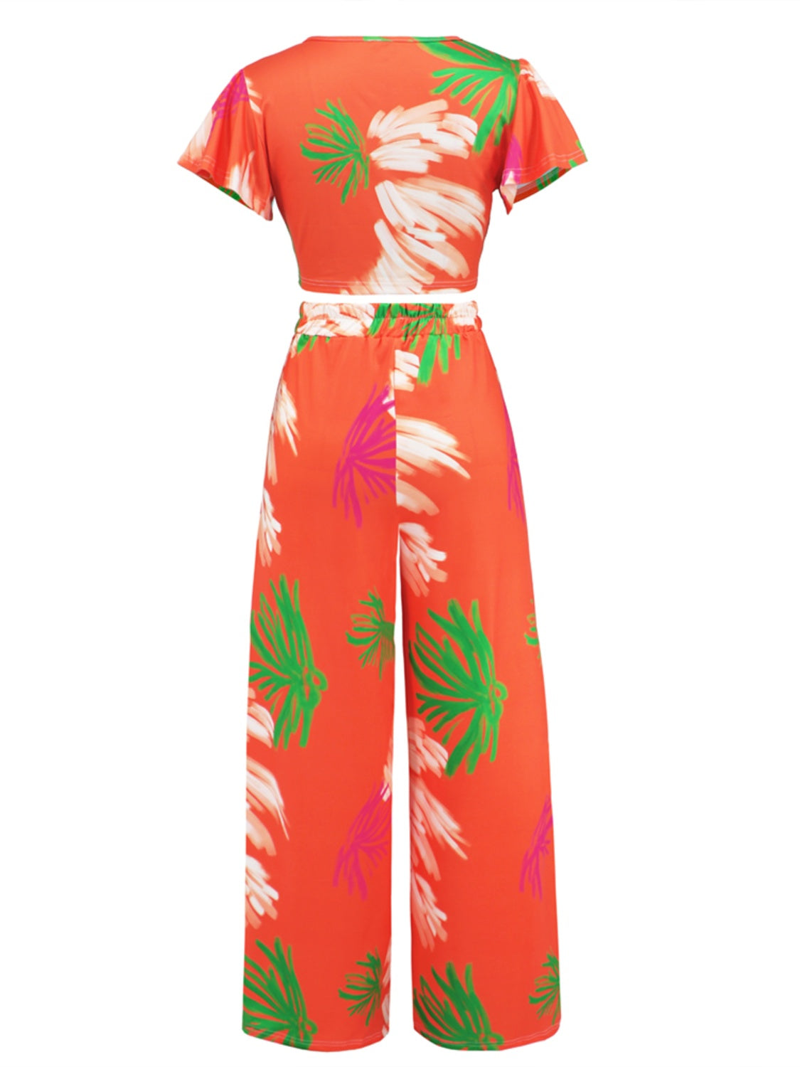 Printed V-Neck Top and Tied Pants Set