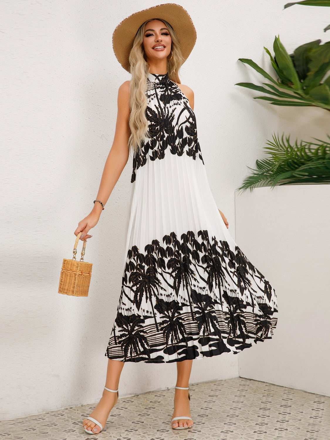 Tied Printed Sleeveless Midi Dress