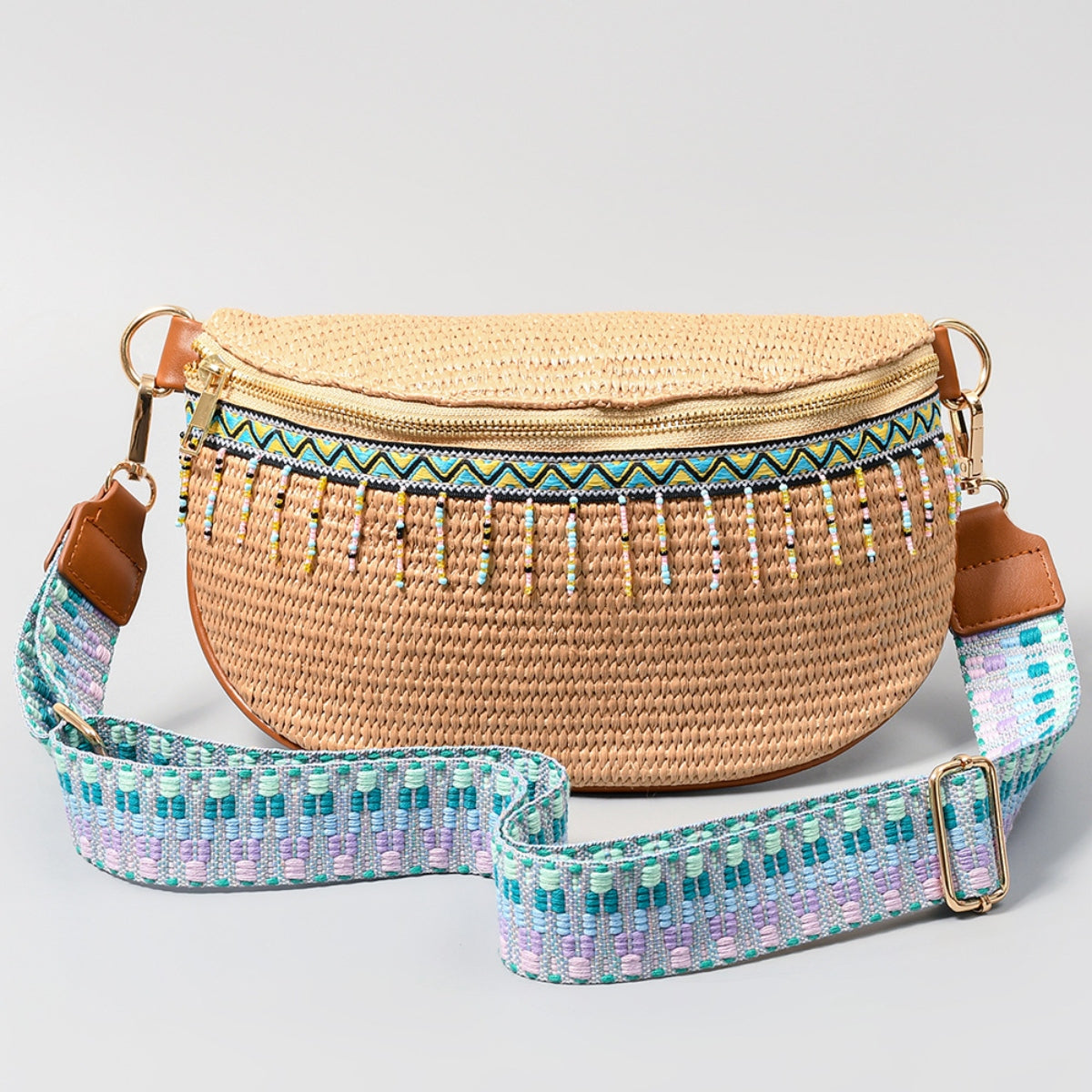 Bead Trim Straw Weave Crossbody Bag