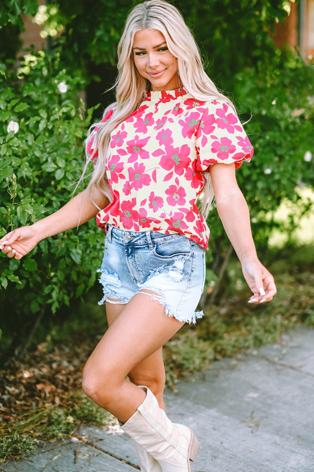 Printed Mock Neck Puff Sleeve Blouse