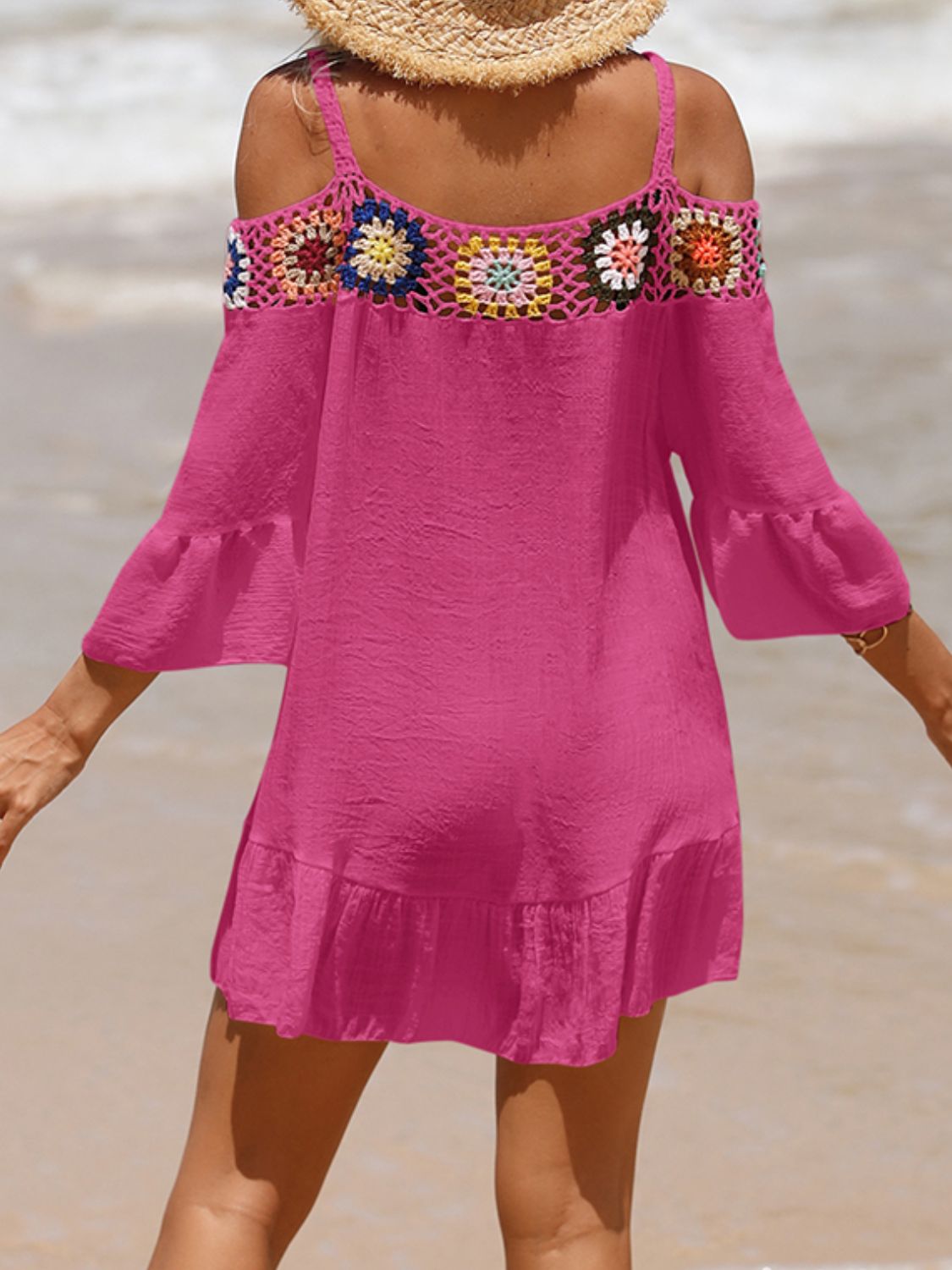 Crochet Cold Shoulder Three-Quarter Sleeve Cover Up