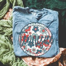 Retro Floral State Tee - Blue Jean