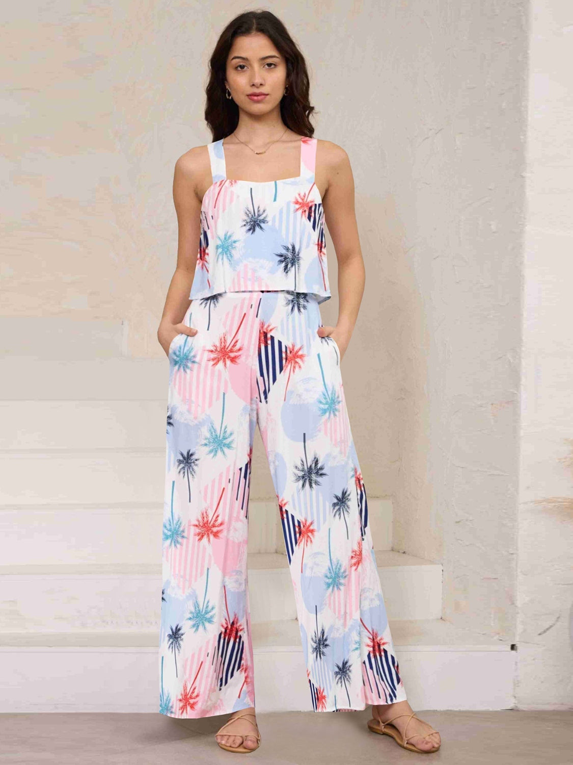 Printed Wide Strap Top and Pants Set