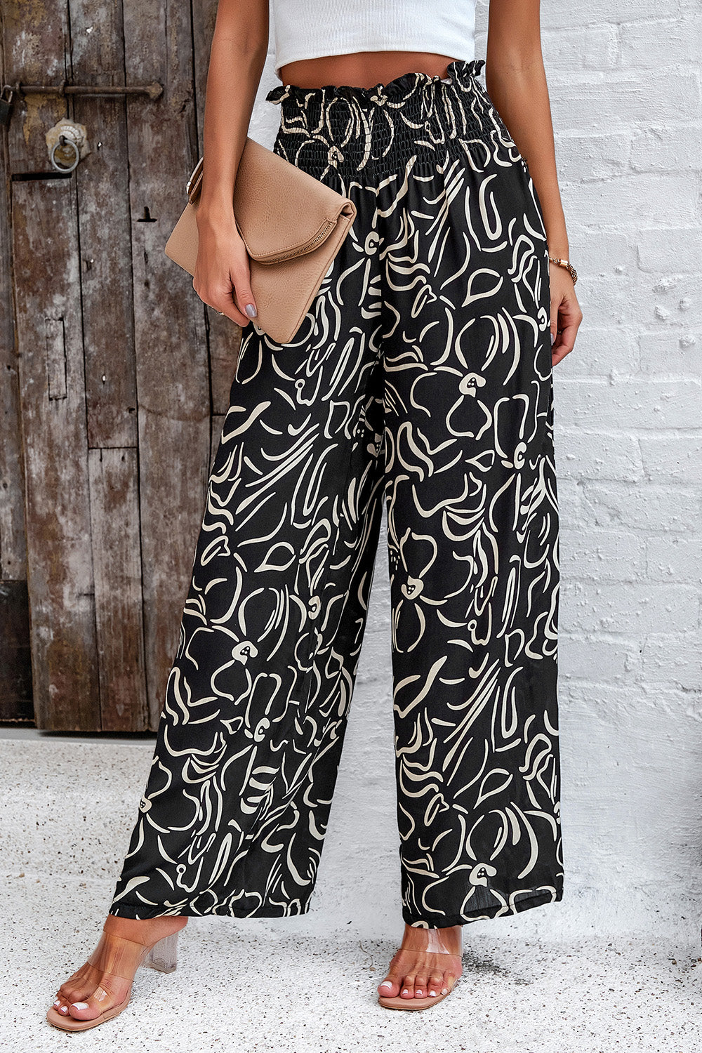 Smocked Printed Wide Leg Pants with Pockets