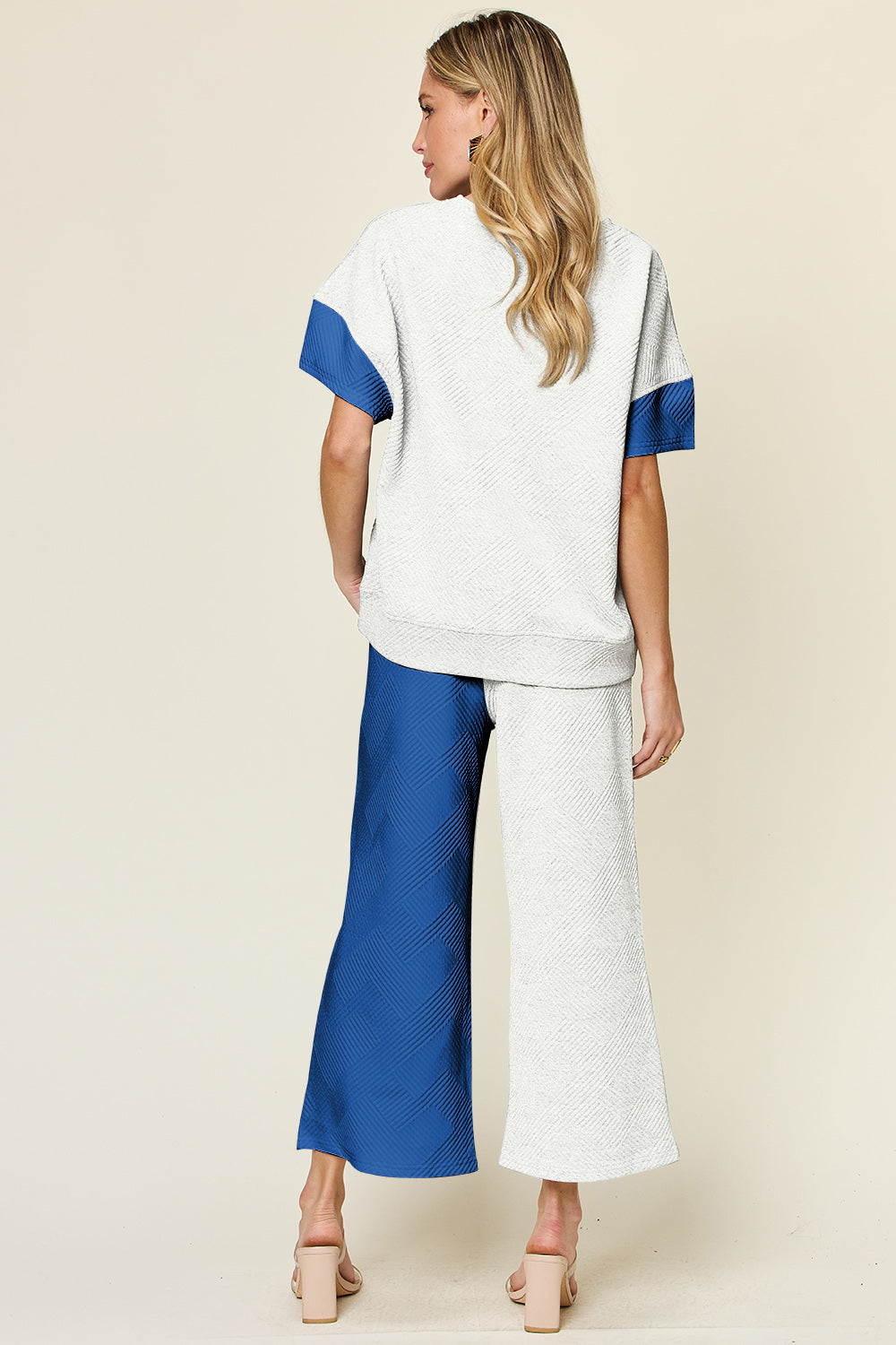 Double Take Full Size Texture Contrast T-Shirt and Wide Leg Pants Set