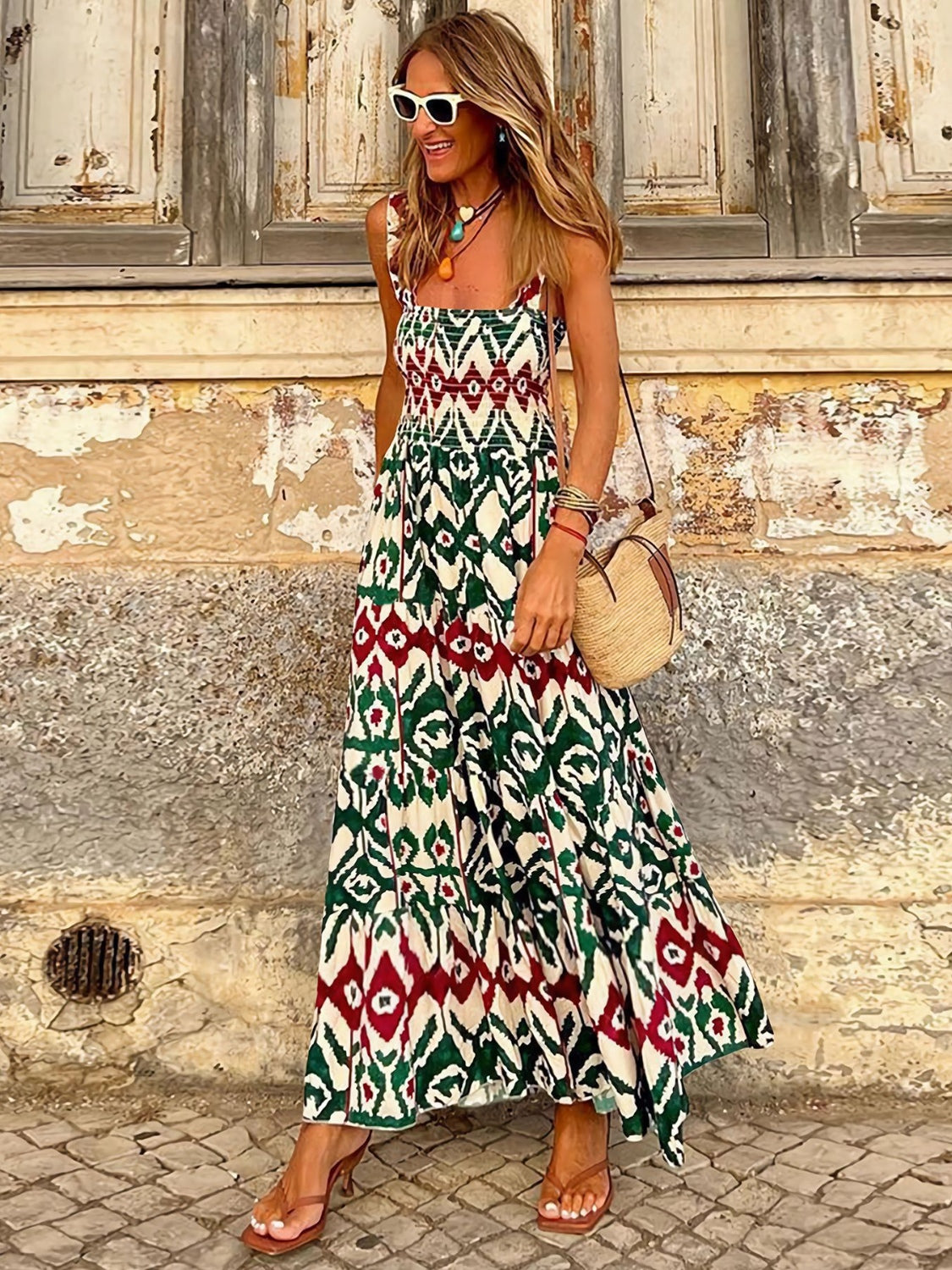 Smocked Printed Square Neck Sleeveless Dress