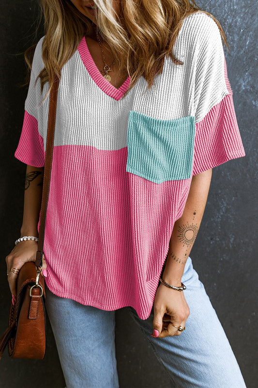 Color Block V-Neck Short Sleeve T-Shirt