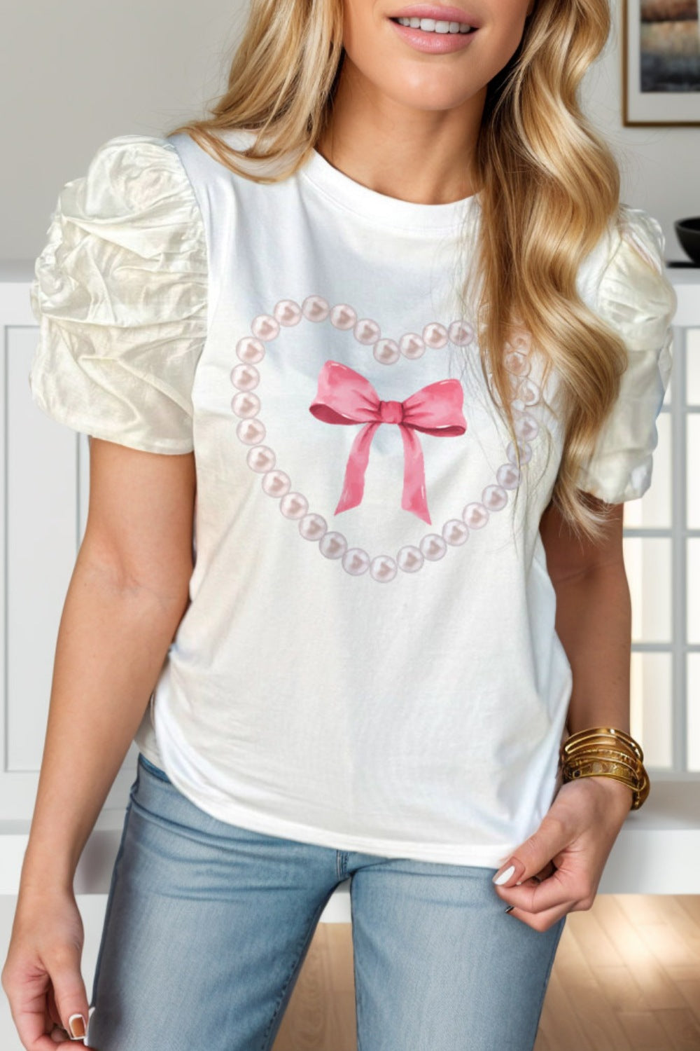 Bow Graphic Round Neck Short Sleeve Blouse