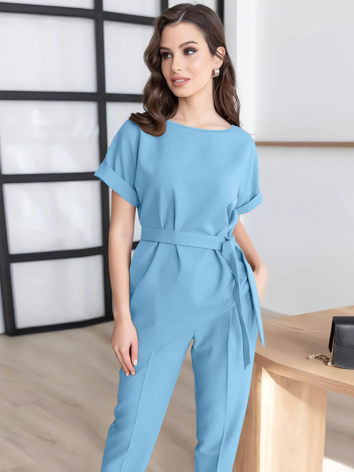 Round Neck Short Sleeve Top and Pants Set