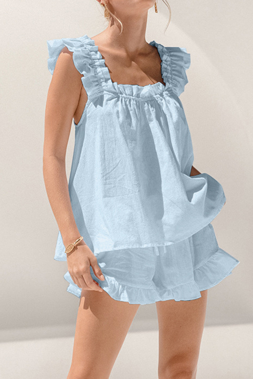 Ruffled Square Neck Top and Shorts Set