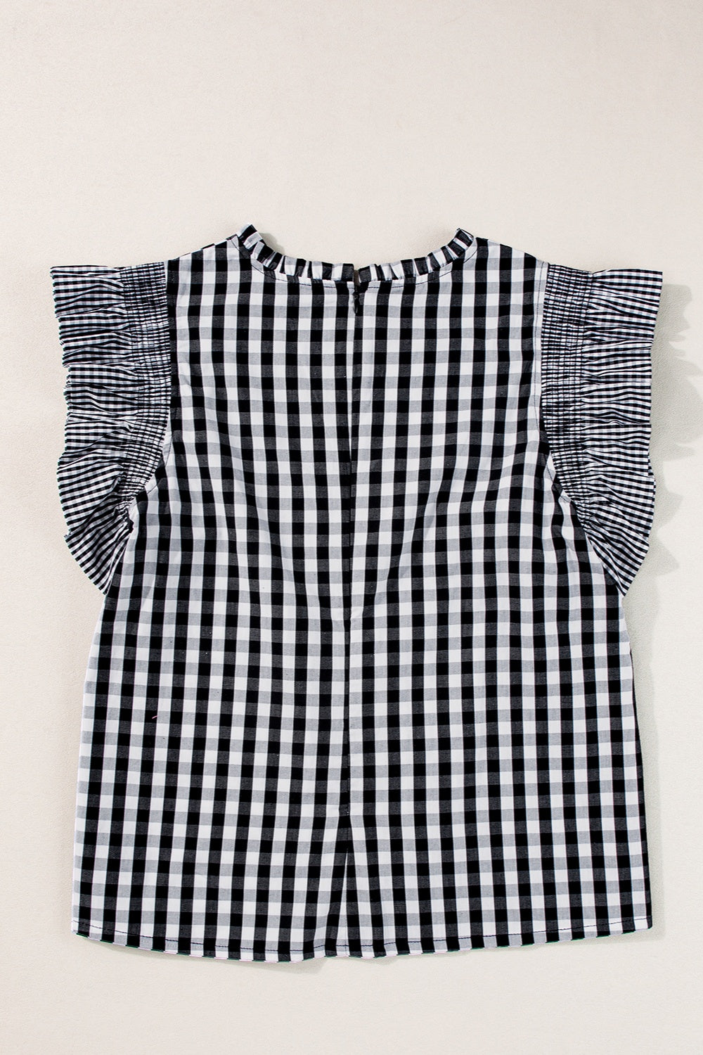 Ruffled Plaid Mock Neck Cap Sleeve Blouse