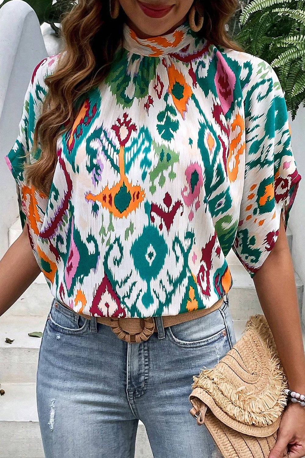 Printed Mock Neck Half Sleeve Blouse