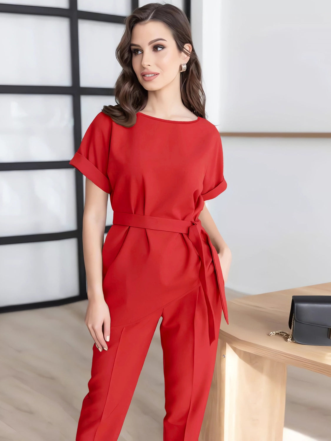 Round Neck Short Sleeve Top and Pants Set