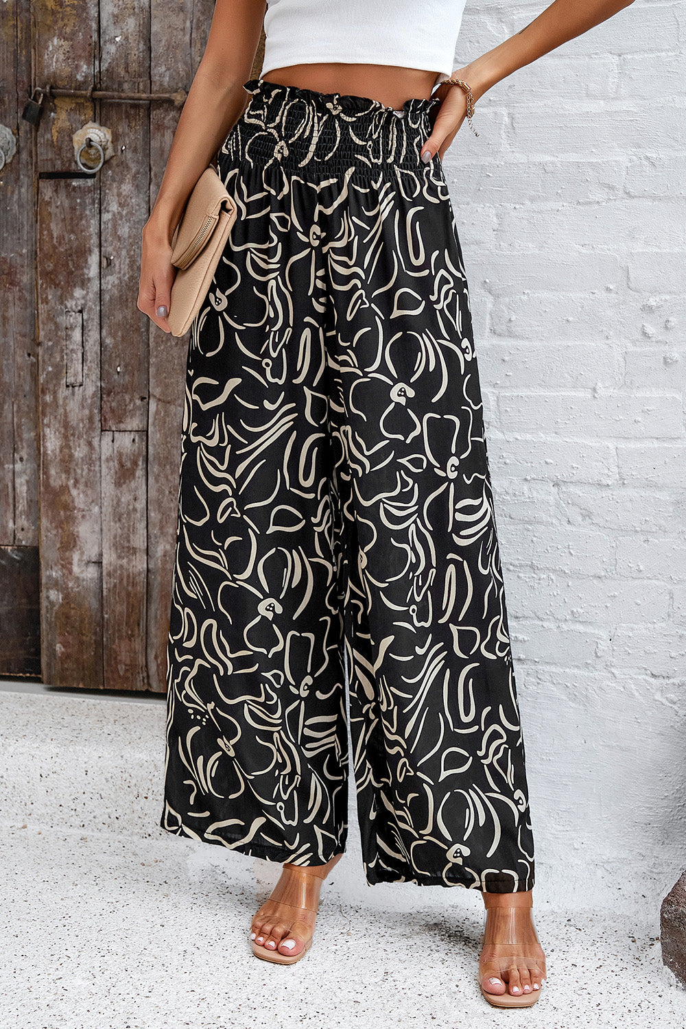 Smocked Printed Wide Leg Pants with Pockets