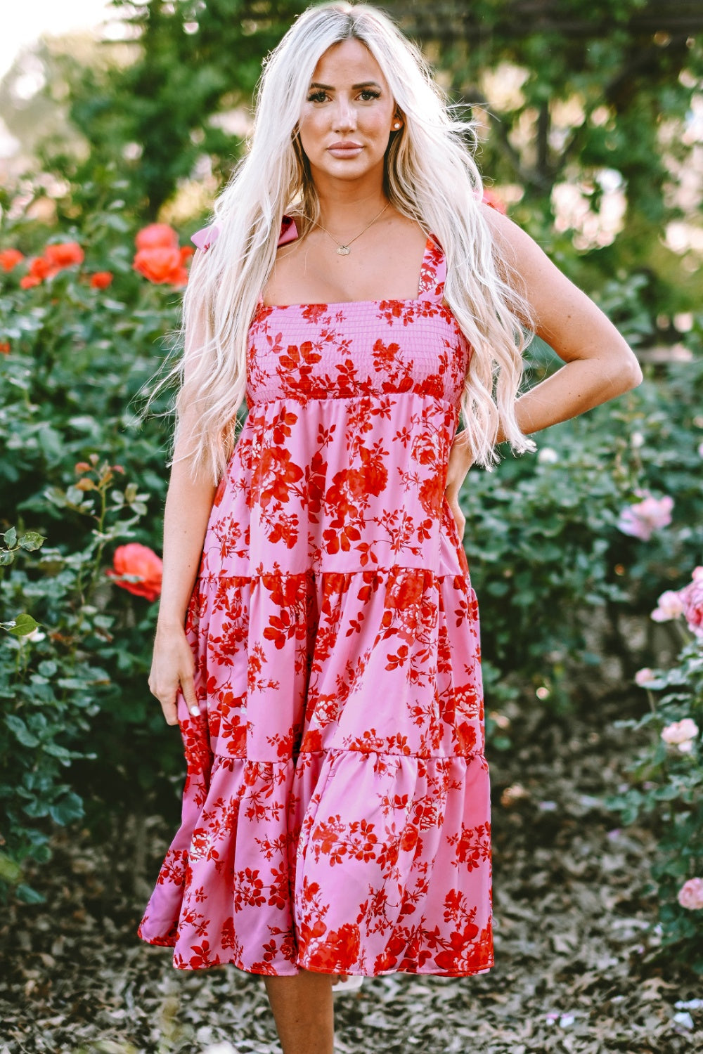 Tied Printed Sleeveless Tiered Dress