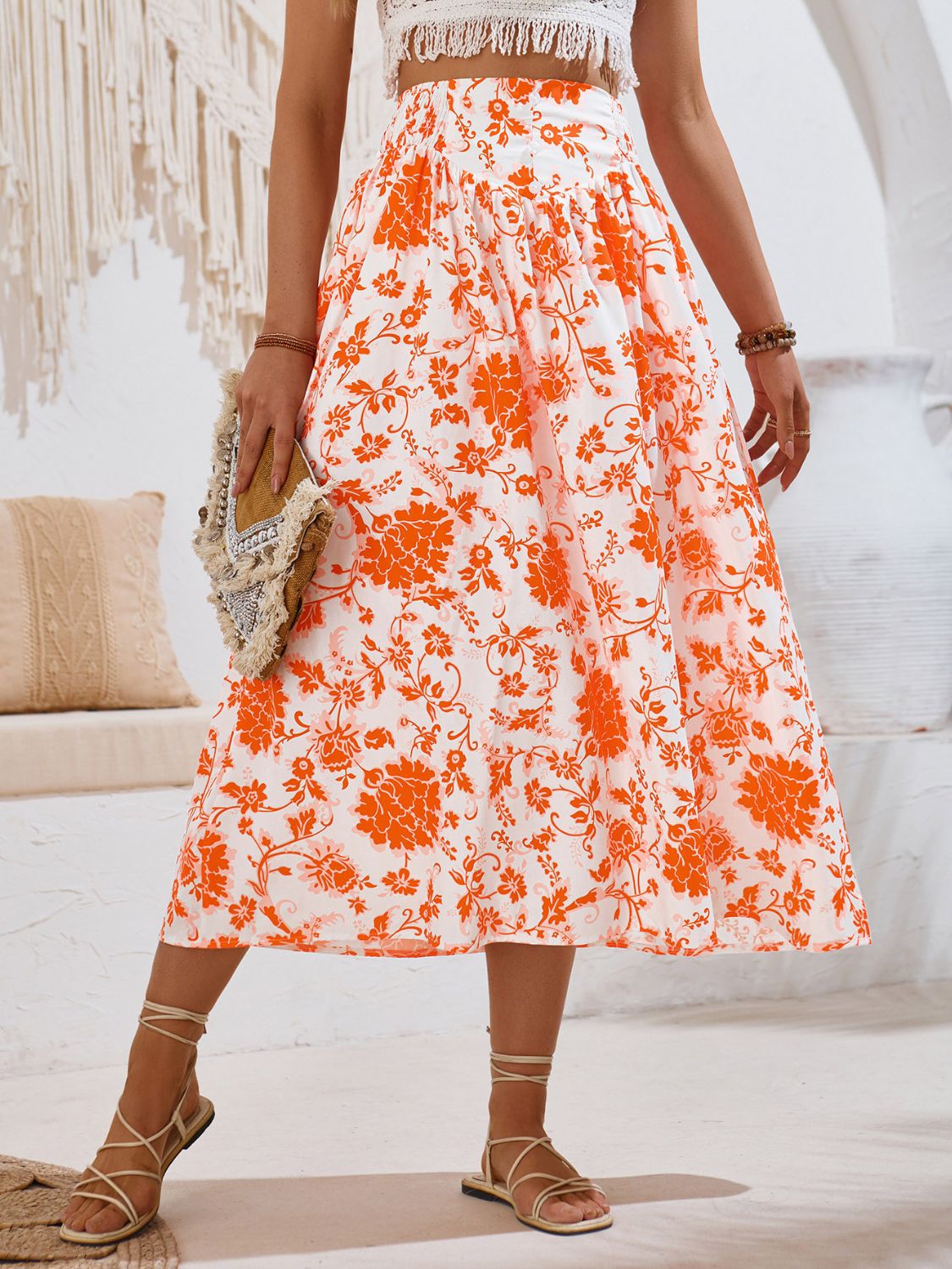 Printed Elastic Waist Midi Skirt