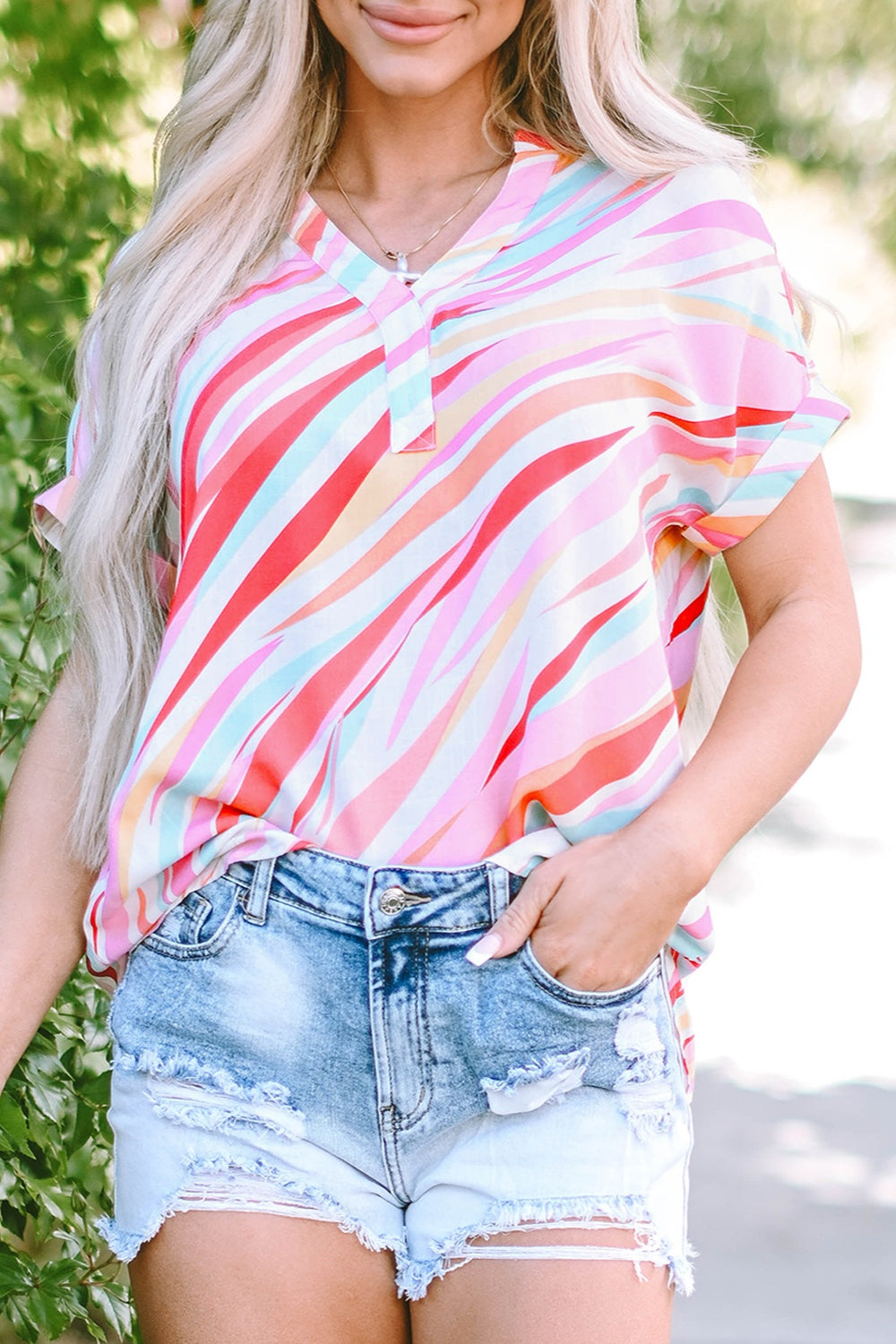 Color Block V-Neck Half Sleeve Blouse