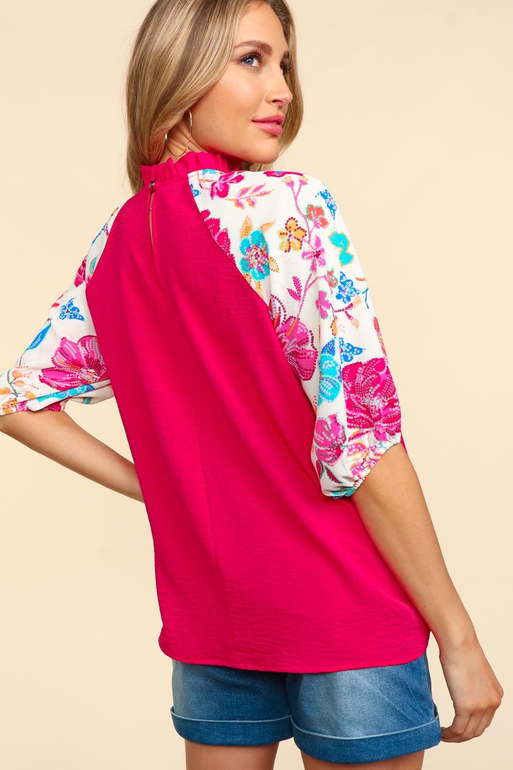 Haptics Frill Mock Neck Half Sleeve Blouse