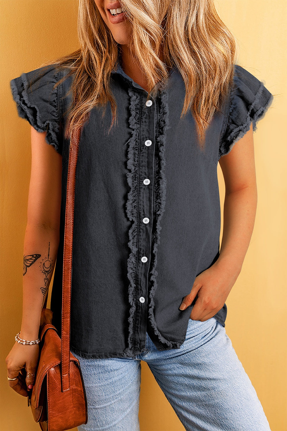 Raw Hem Button Up Cap Sleeve Denim Top