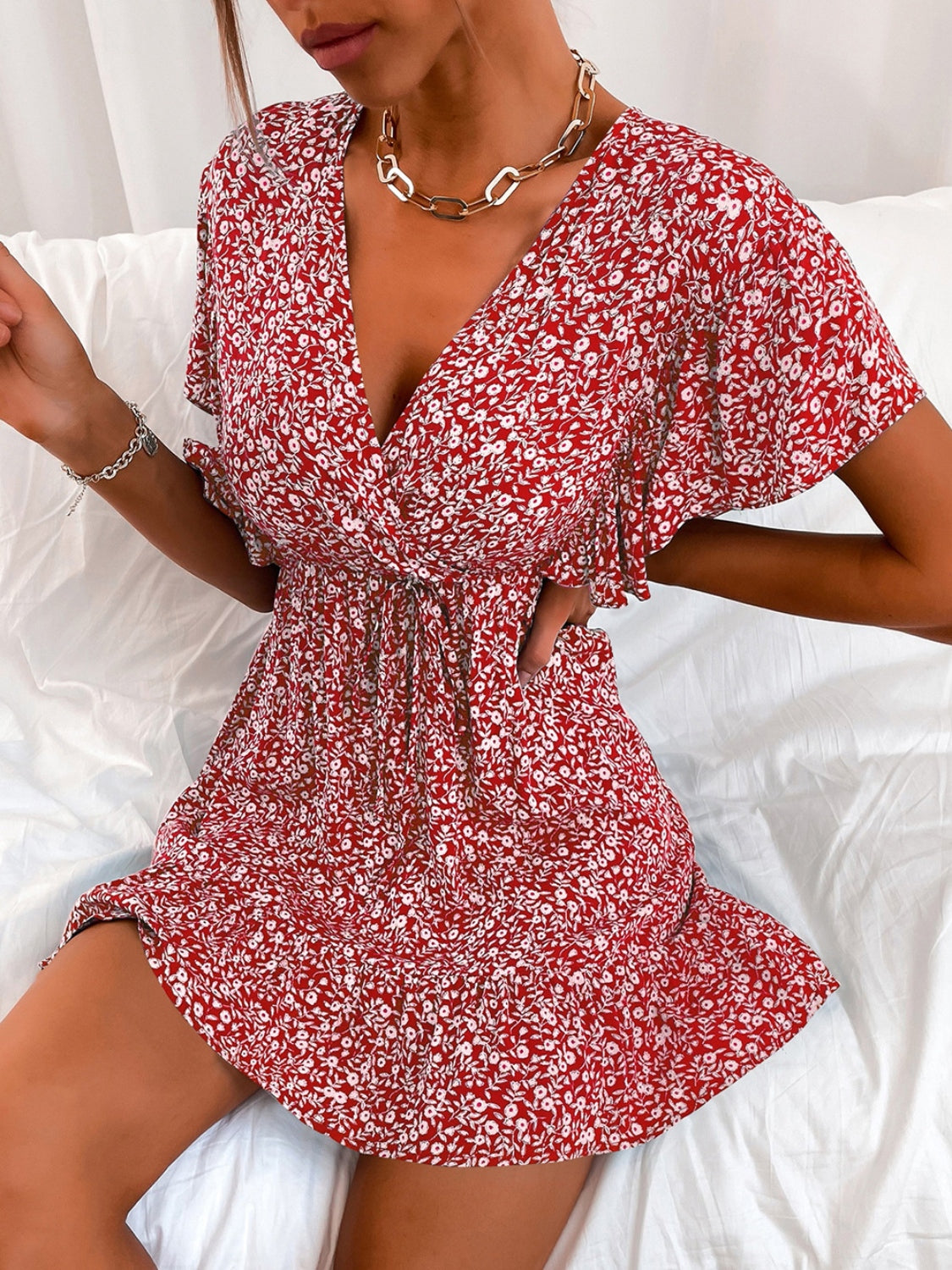 Cutout Ditsy Floral Surplice Flounce Sleeve Dress