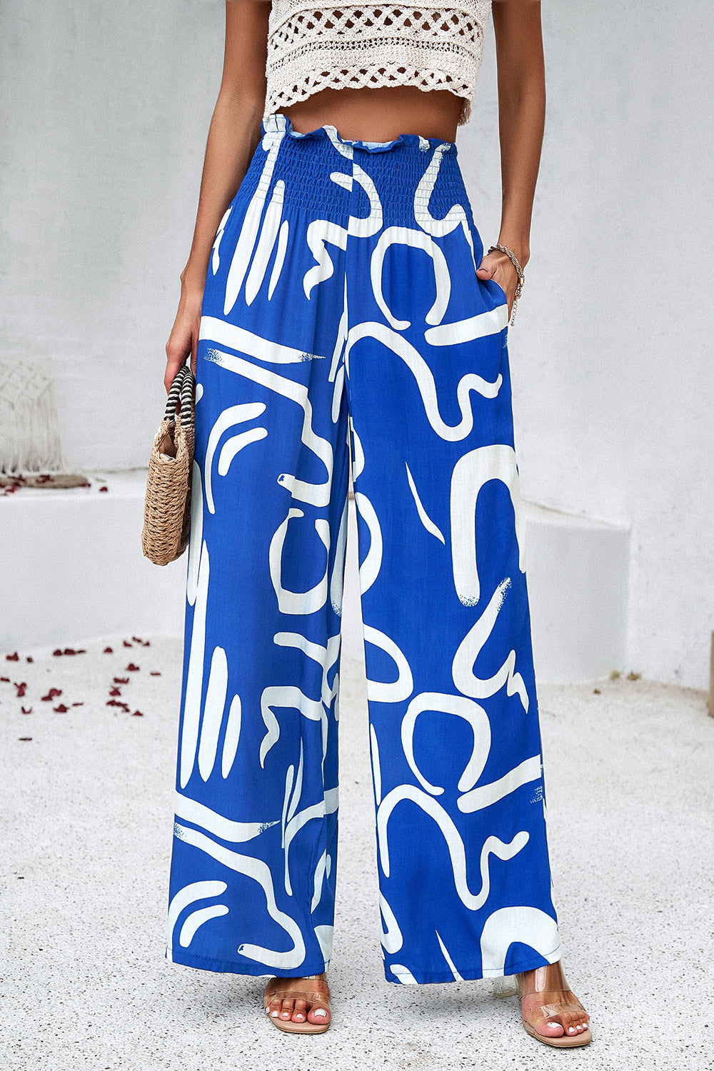 Smocked Printed Wide Leg Pants with Pockets